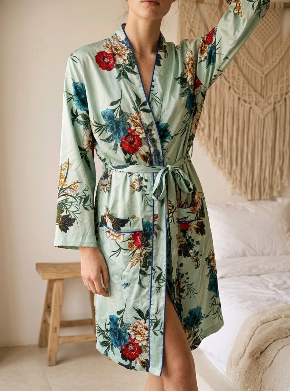 iris Mint Floral Satin Robe with Red, Blue & Cream Blooms Small